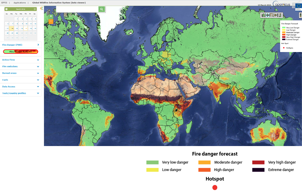 Screenshot of the Global Wildfire Information System (GWIS) beta viewer