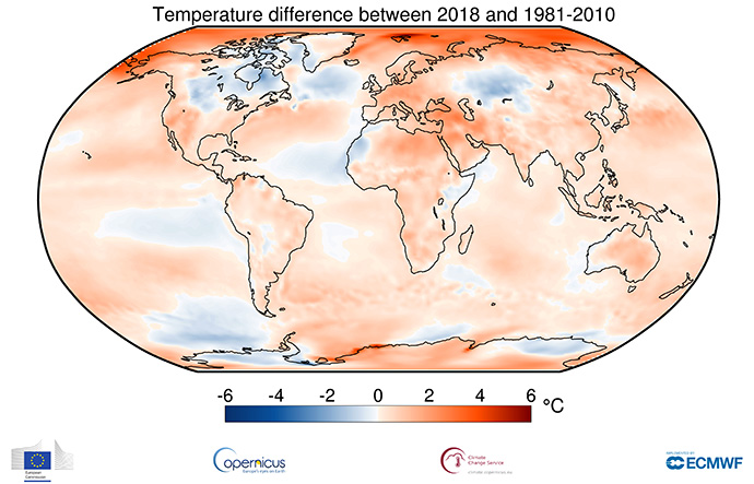 Global near-surface temperature anomalies in 2018