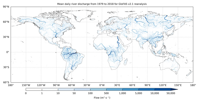 Daily river discharge averaged over 1979 to 2018 for each GloFAS river grid cell with an upstream area greater than 1000 km2. Darker bl