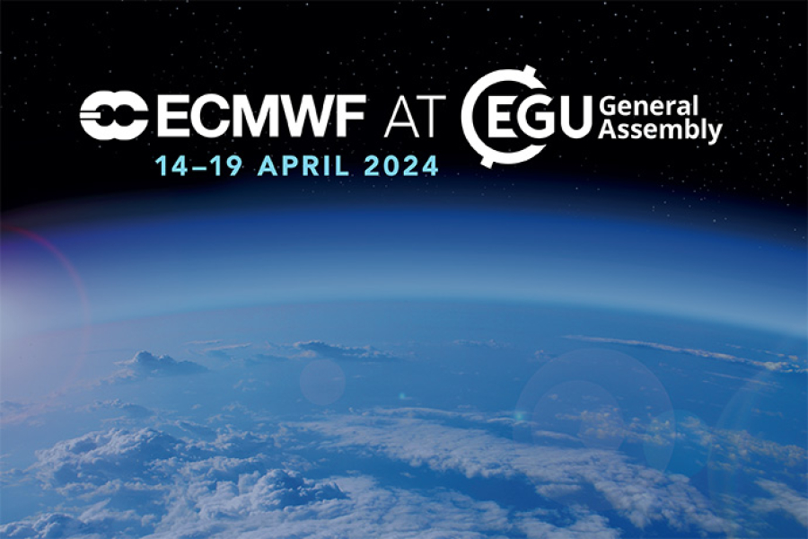 Black background with satellite image showing part of Earth in the bottom half showing clouds and a hazy blue atmosphere. Text: ECMWF at EGU General Assembly, 14 to 19 April 2024