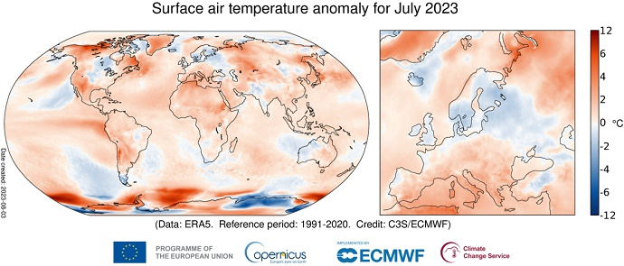 Surface air temperature anomaly July 2023
